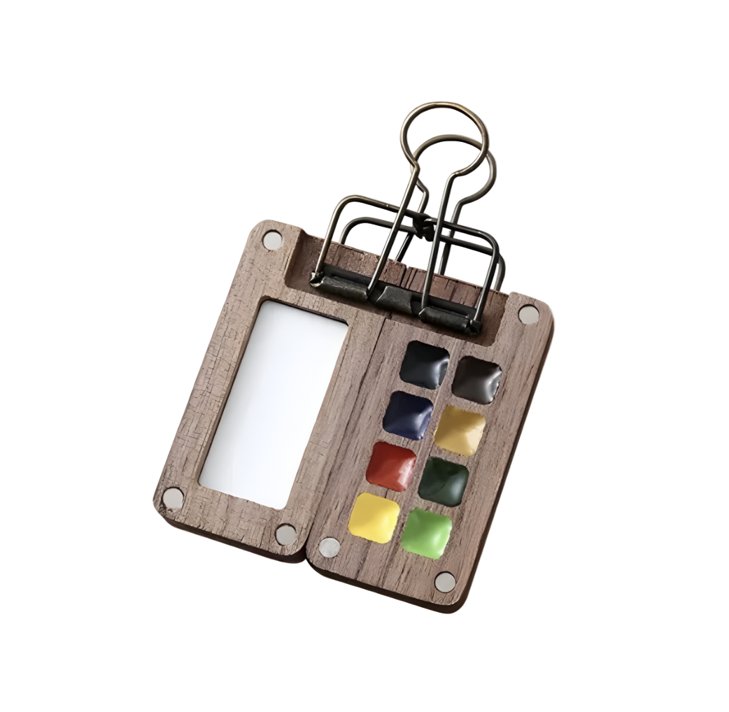 Portable Mini Walnut Watercolor Set with 8 Colors for Sketching & Journaling